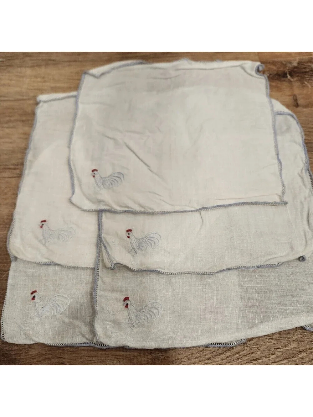 5 VTG Semi Sheer Linen Cocktail Napkins Hand Embroidered Roosters Madeira Style